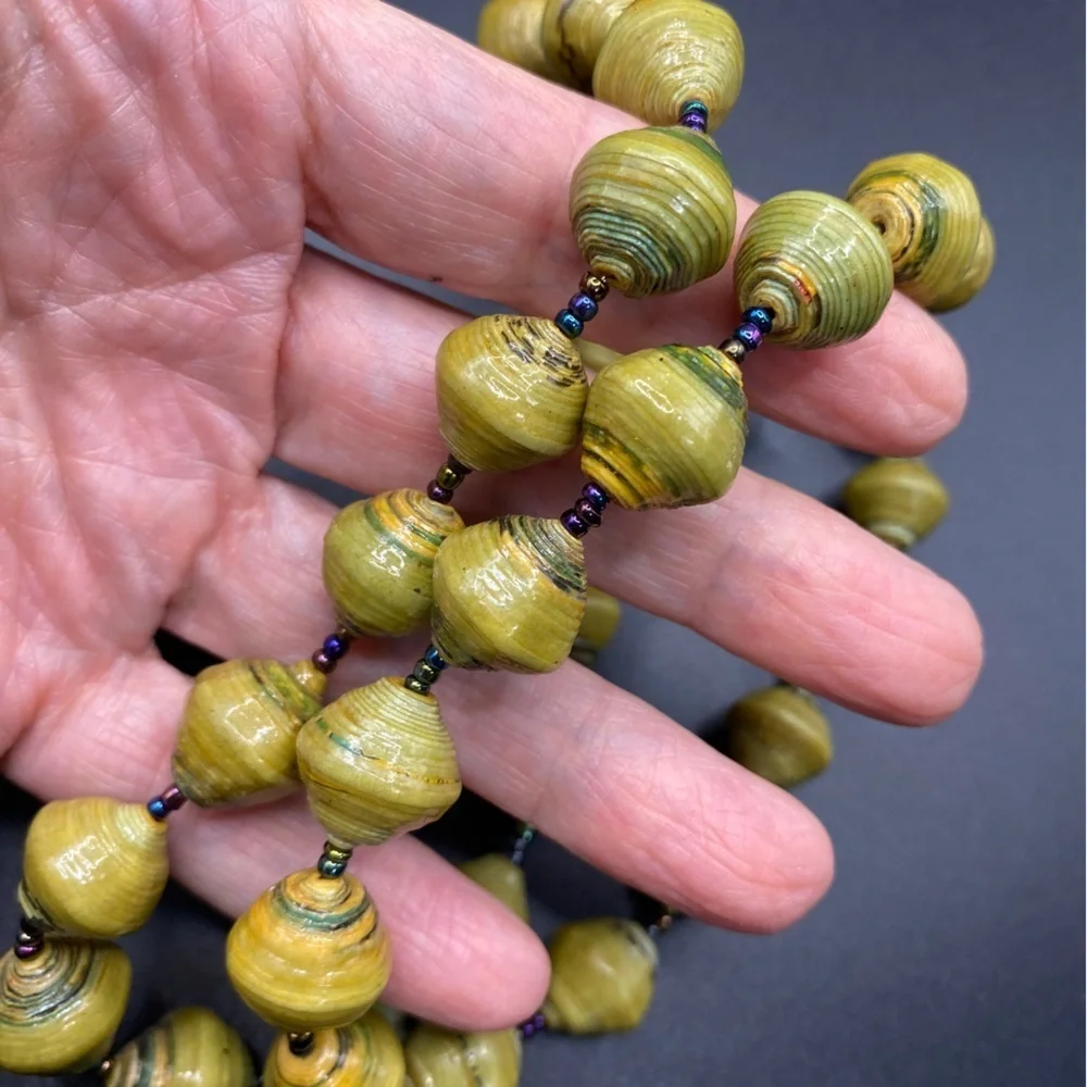 Kitchy Paper Beads Necklace Green With Seed Beads Artisan Made